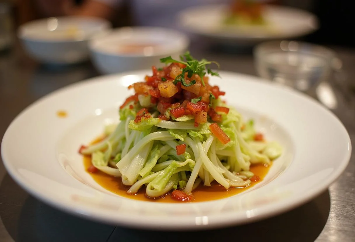 Salade de chou chinois finement présentée avec des garnitures colorées, prête à être servie à table.