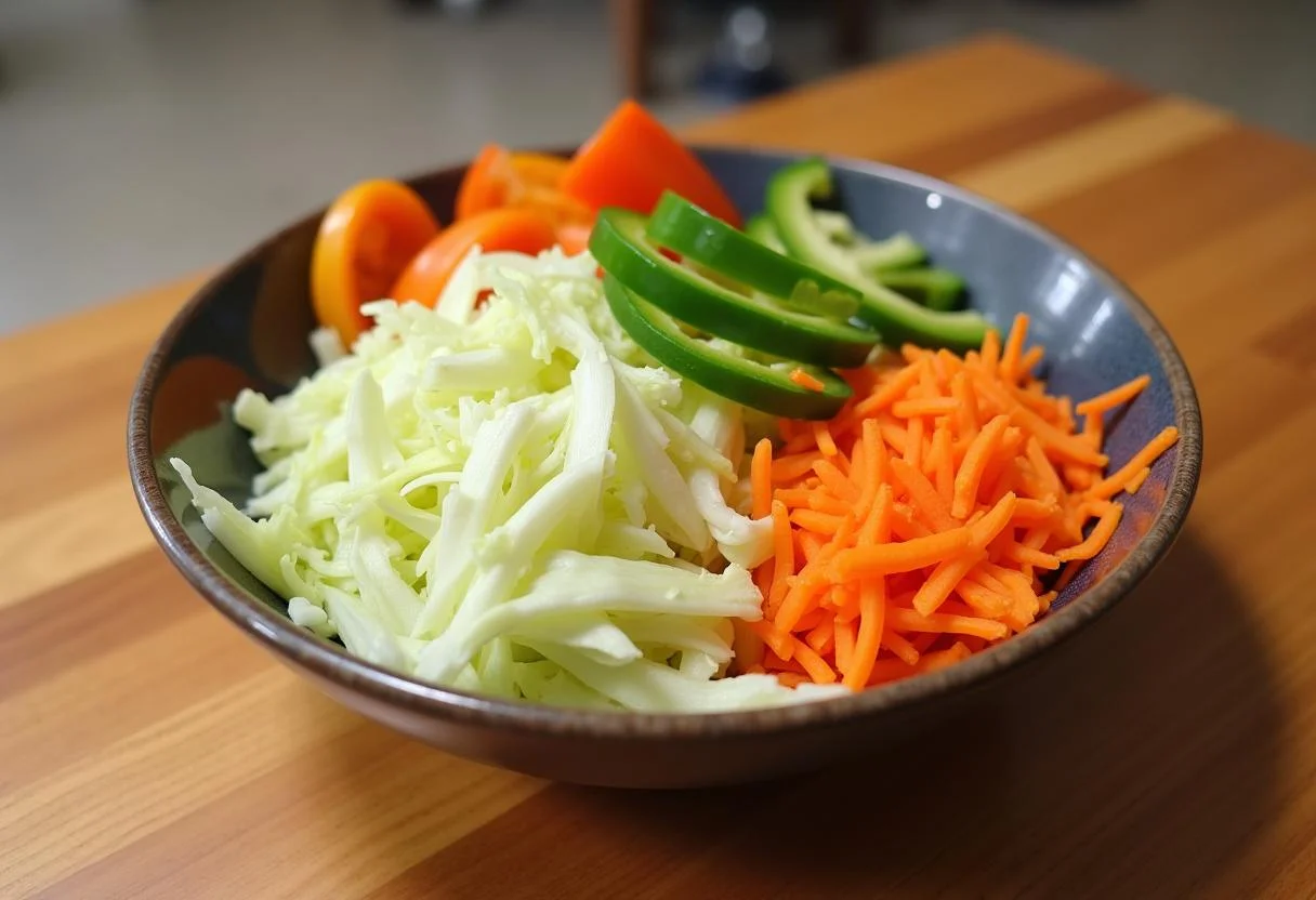 Ingrédients pour la salade chou chinois: chou chinois haché, poivrons tranchés et carottes râpées sur un plan de travail en bois.