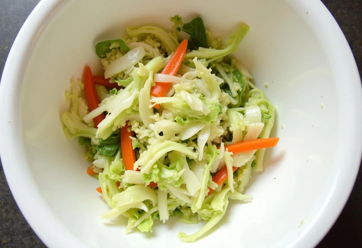 Mélanger le chou chinois et les légumes avec une vinaigrette dans un bol blanc, illustrant le processus de préparation de la salade.