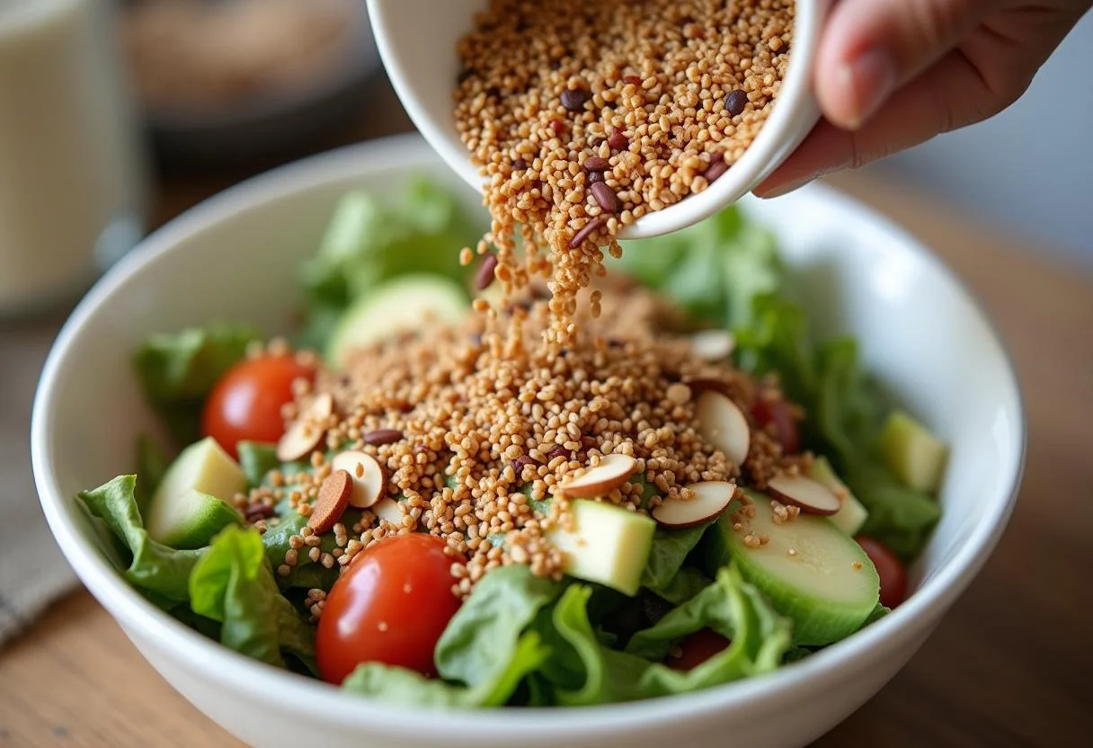 Ajout de graines de sésame et d'amandes tranchées sur la salade de chou chinois, complétant la préparation.