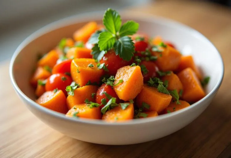 Salade composée colorée à la patate douce dans un grand saladier, décorée d'herbes fraîches, illustrant la beauté et la fraîcheur de ce plat.