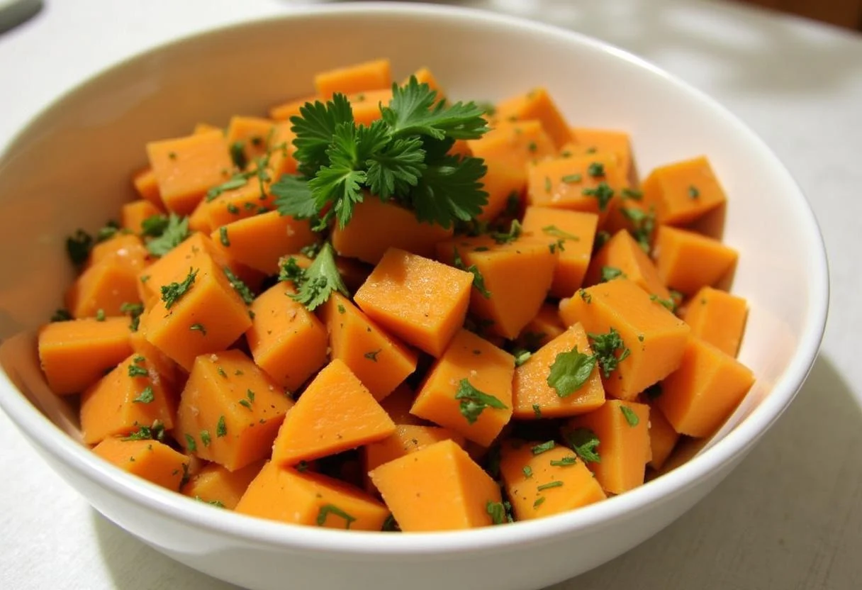 Salade composée colorée à la patate douce dans un grand saladier, décorée d'herbes fraîches, illustrant la beauté et la fraîcheur de ce plat.