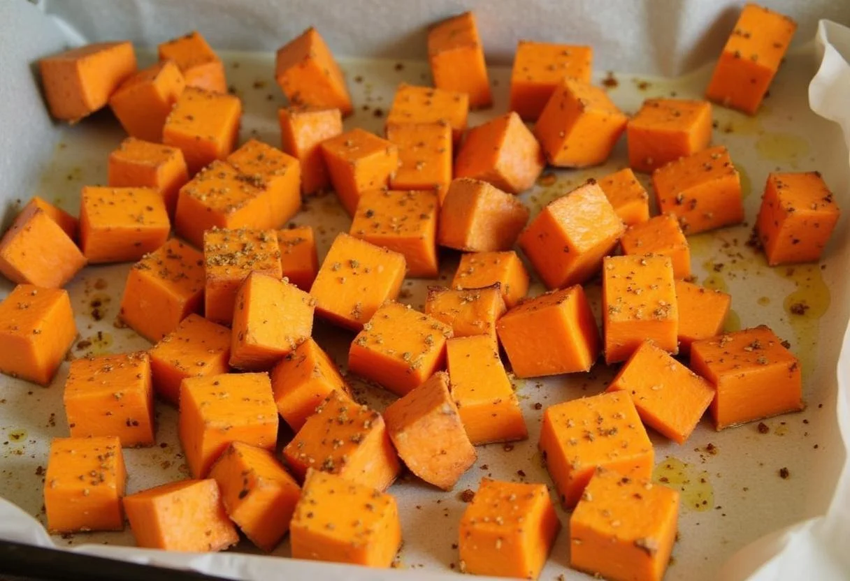 Patates douces en cubes sur une plaque de cuisson, préparées pour la cuisson au four, assaisonnées d'huile d'olive, sel et poivre.