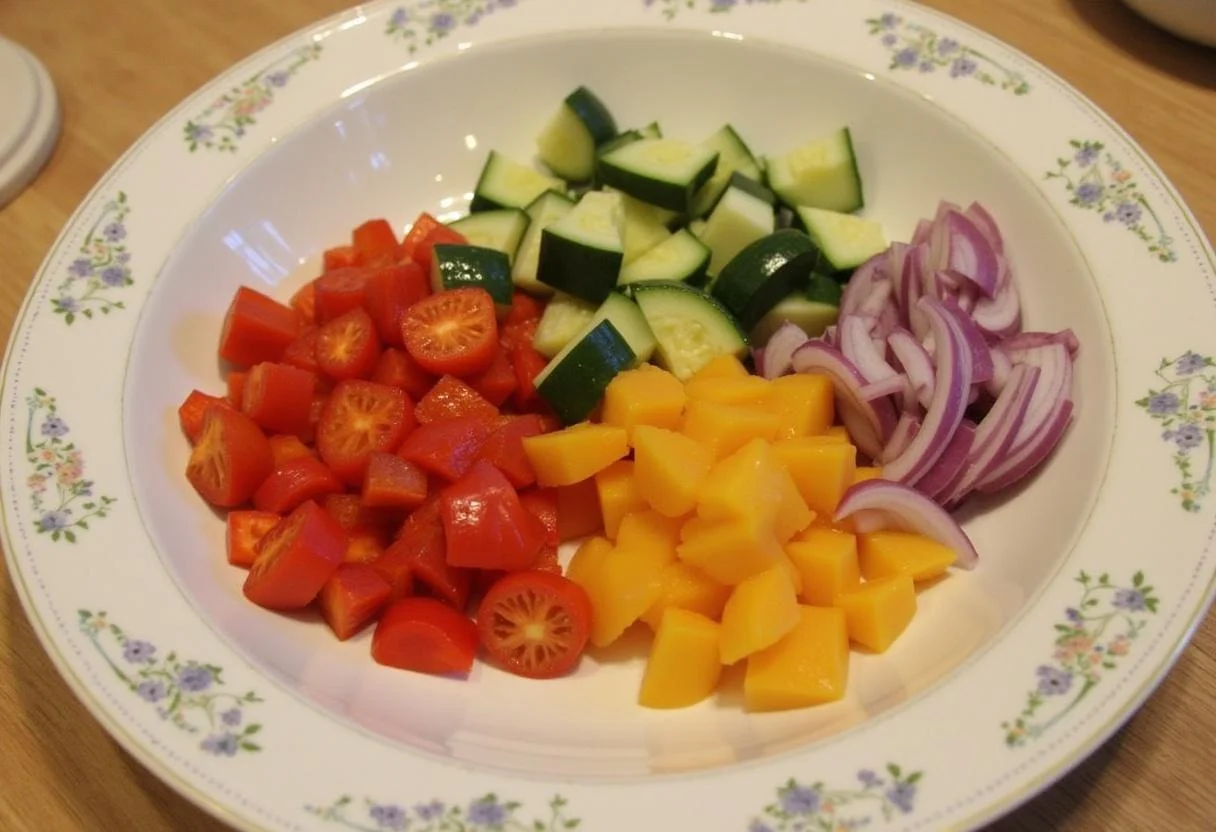 Légumes colorés comme les poivrons, concombres et oignons rouges coupés en dés dans un grand saladier, prêts à être mélangés.