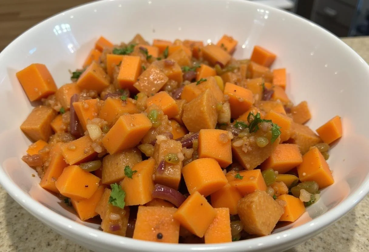 Mélange de patates douces rôties avec des légumes frais dans un saladier, montrant la texture et la couleur attractives de la salade.