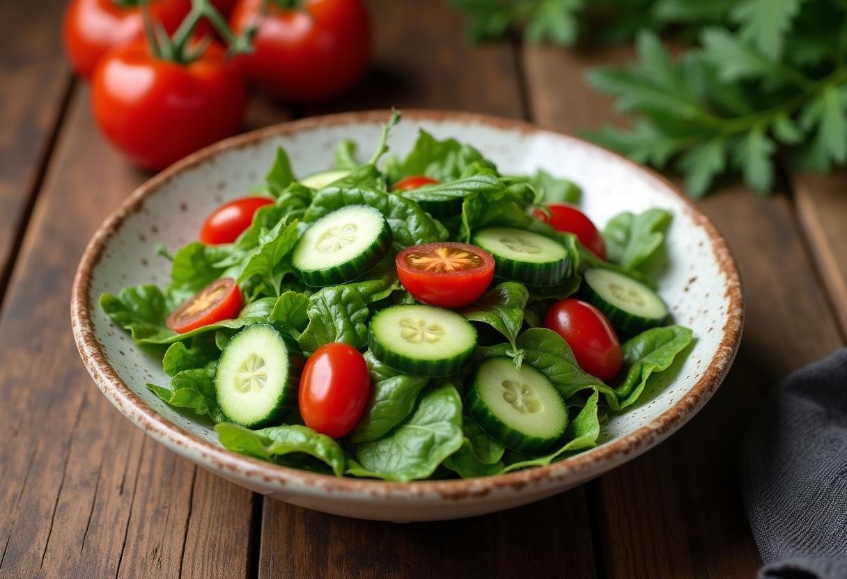 Un bol de salade feuille de chêne simple joliment présenté avec des tomates cerises et des concombres, garni d'herbes fraîches sur une table de cuisine rustique.
