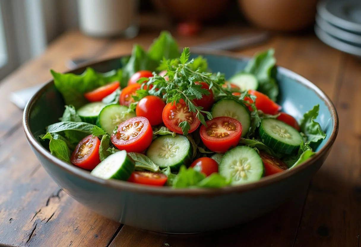 Un bol de salade feuille de chêne simple joliment présenté avec des tomates cerises et des concombres, garni d'herbes fraîches sur une table de cuisine rustique.