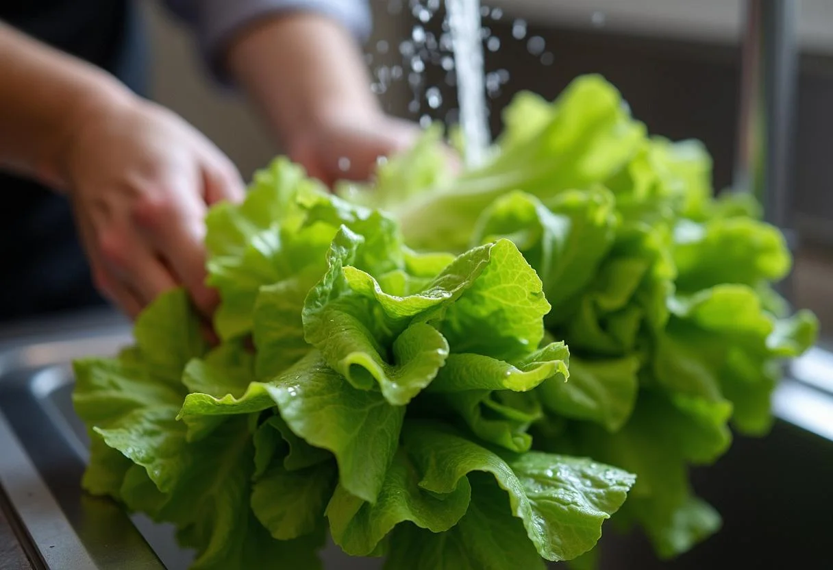 Une cheffe lave de la salade feuille de chêne fraîche dans un évier, l'eau goutte sur les feuilles vertes éclatantes.