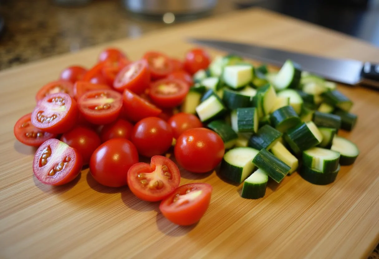 Une planche à découper en bois avec des tomates cerises tranchées et des concombres en dés pour la feuille de chêne salade.