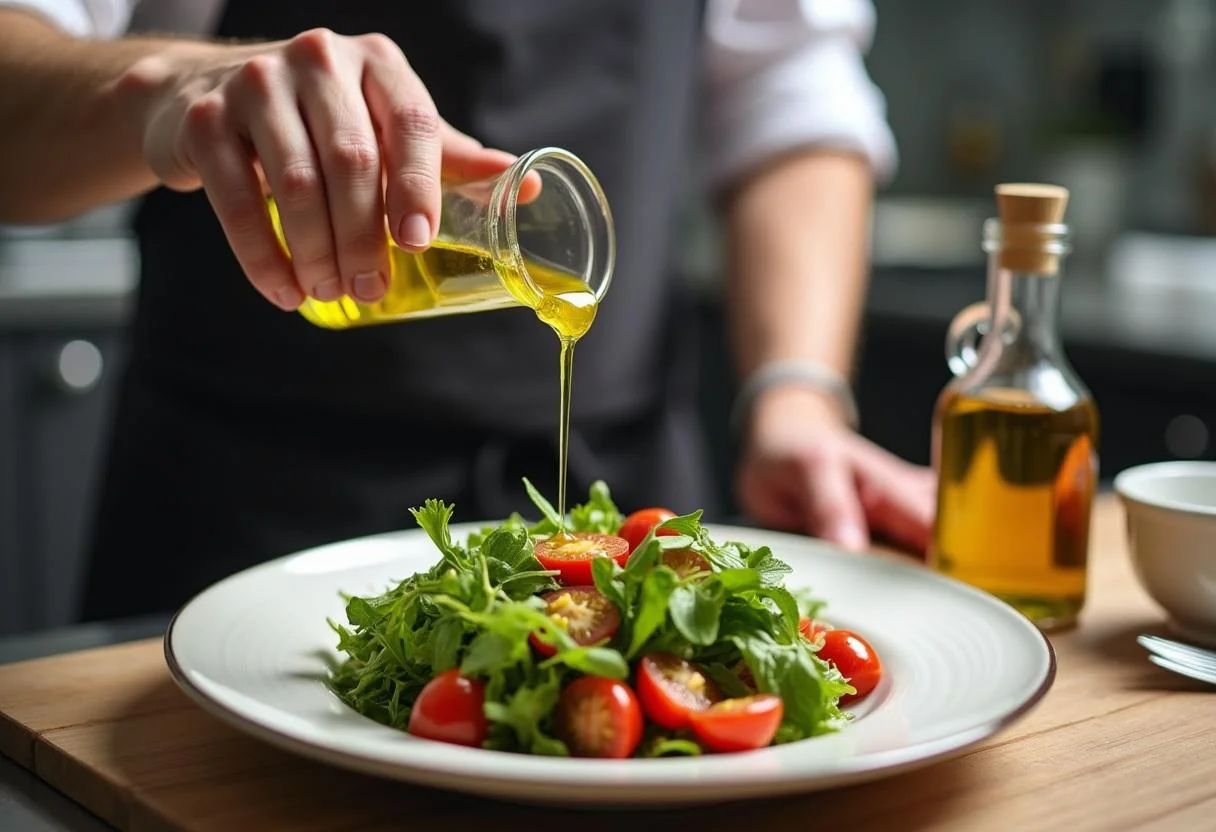 Une cheffe arrose une vinaigrette simple sur la salade feuille de chêne mélangée, avec une bouteille d'huile d'olive et de vinaigre sur le comptoir.