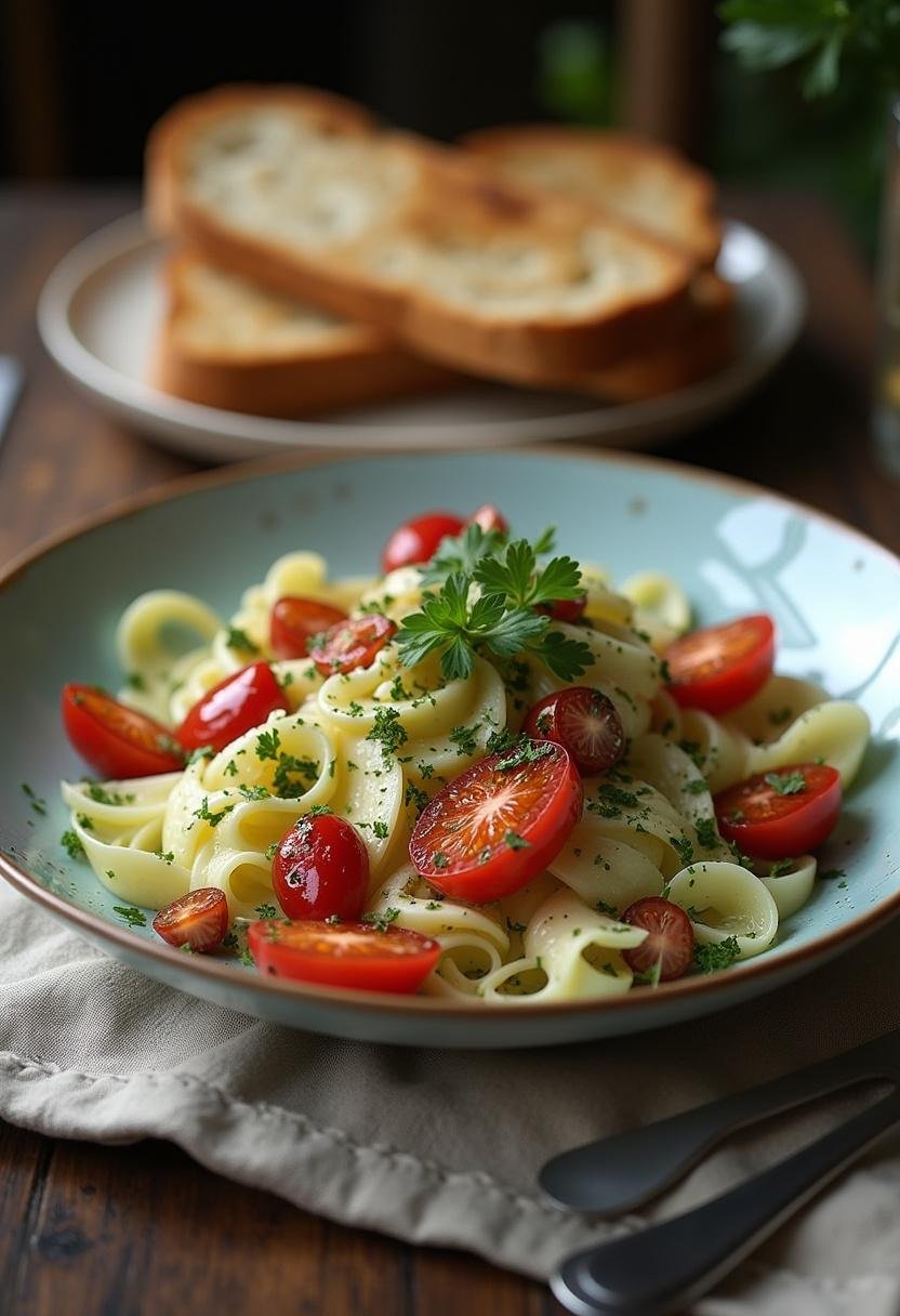 Salade de foies de volailles finie, présentée sur une table en bois rustique avec des herbes fraîches et du pain croustillant à côté.