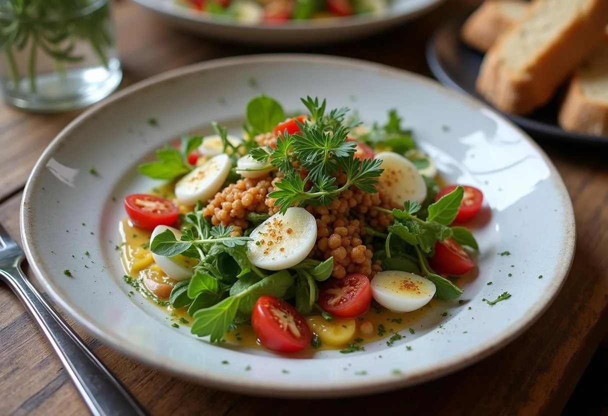 Salade de foies de volailles finie, présentée sur une table en bois rustique avec des herbes fraîches et du pain croustillant à côté.