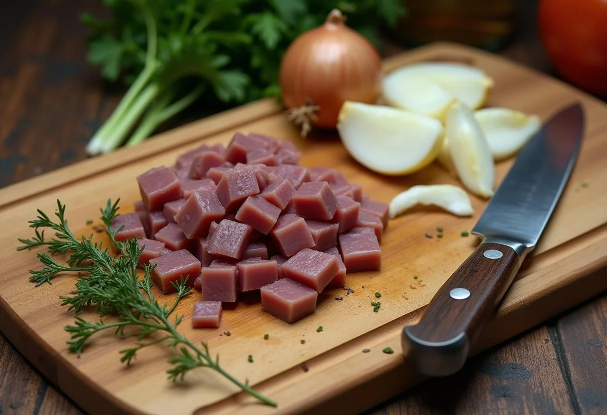 Ingrédients pour la salade de foies de volailles sur une planche à découper, y compris du foie de poulet coupé, des oignons et de l'ail frais.