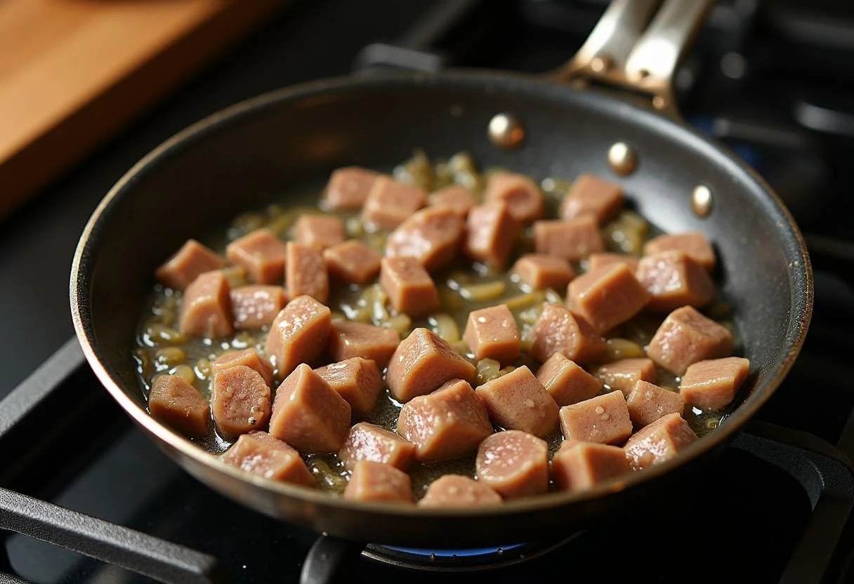 Cuisson des foies de volailles dans une poêle avec de l'huile d'olive, où ils deviennent dorés et parfumés avec des oignons et de l'ail.