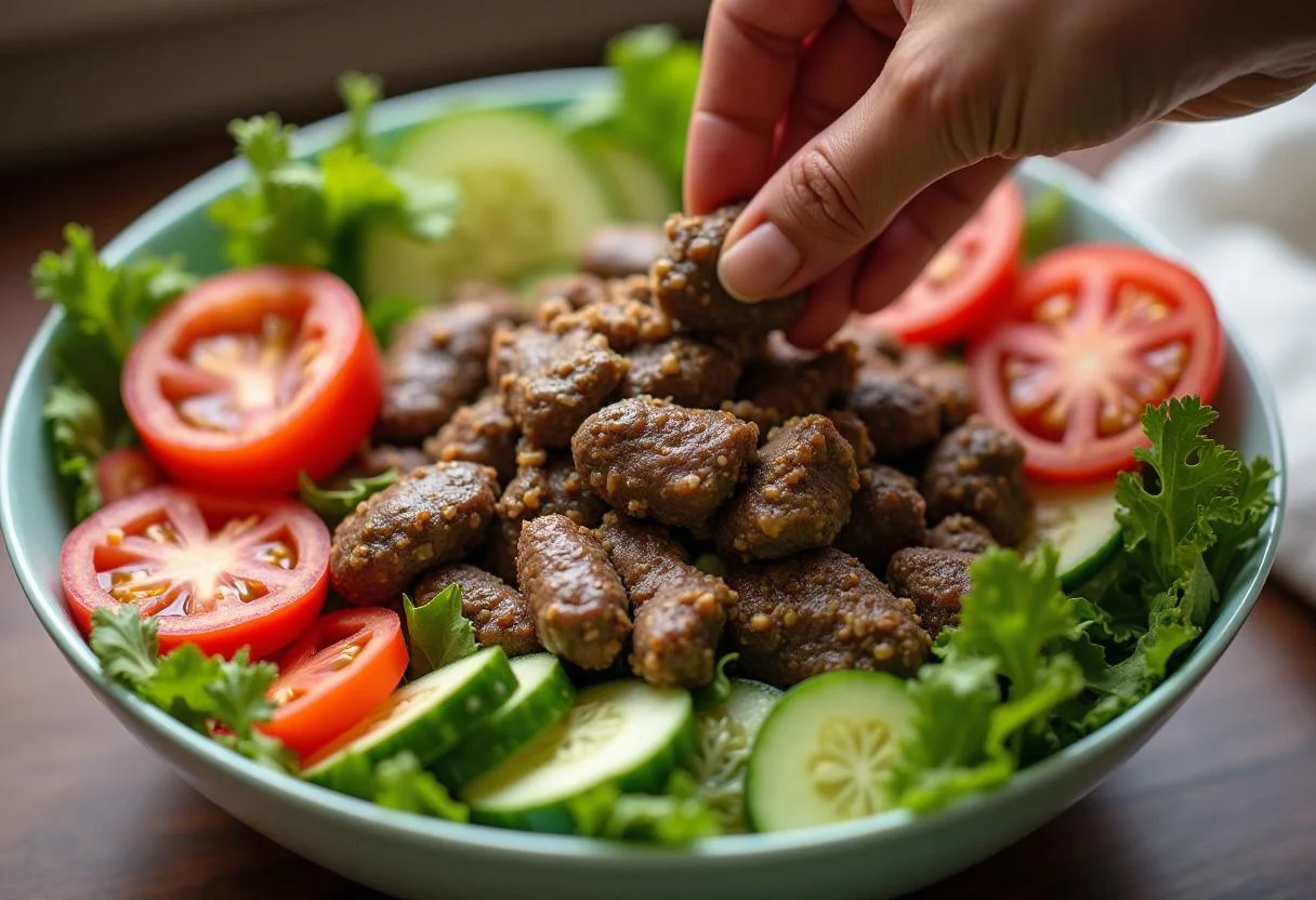 Salade fraîche avec des foies de volailles cuits, tomates et concombre, prête à être mélangée dans un grand bol.
