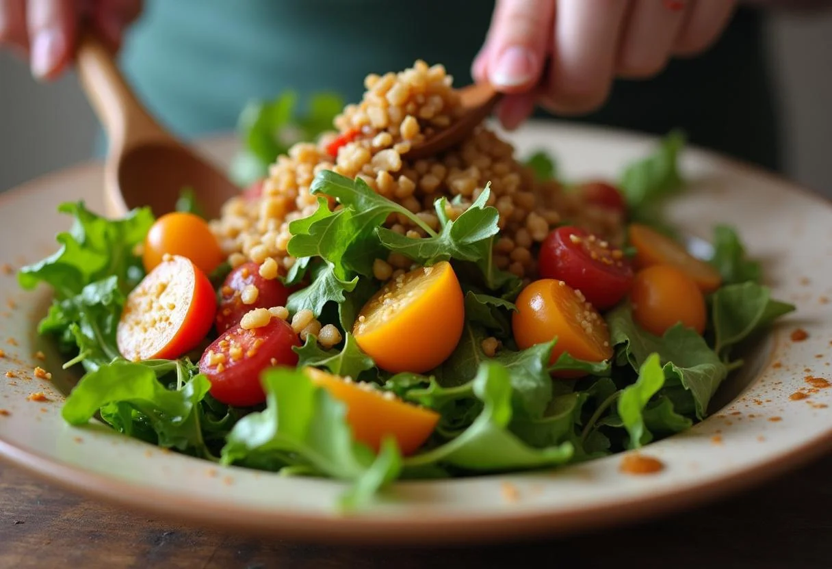 Mélange de salade de foies de volailles avec une cuillère en bois, assurant que la vinaigrette enrobe uniformément les ingrédients frais.