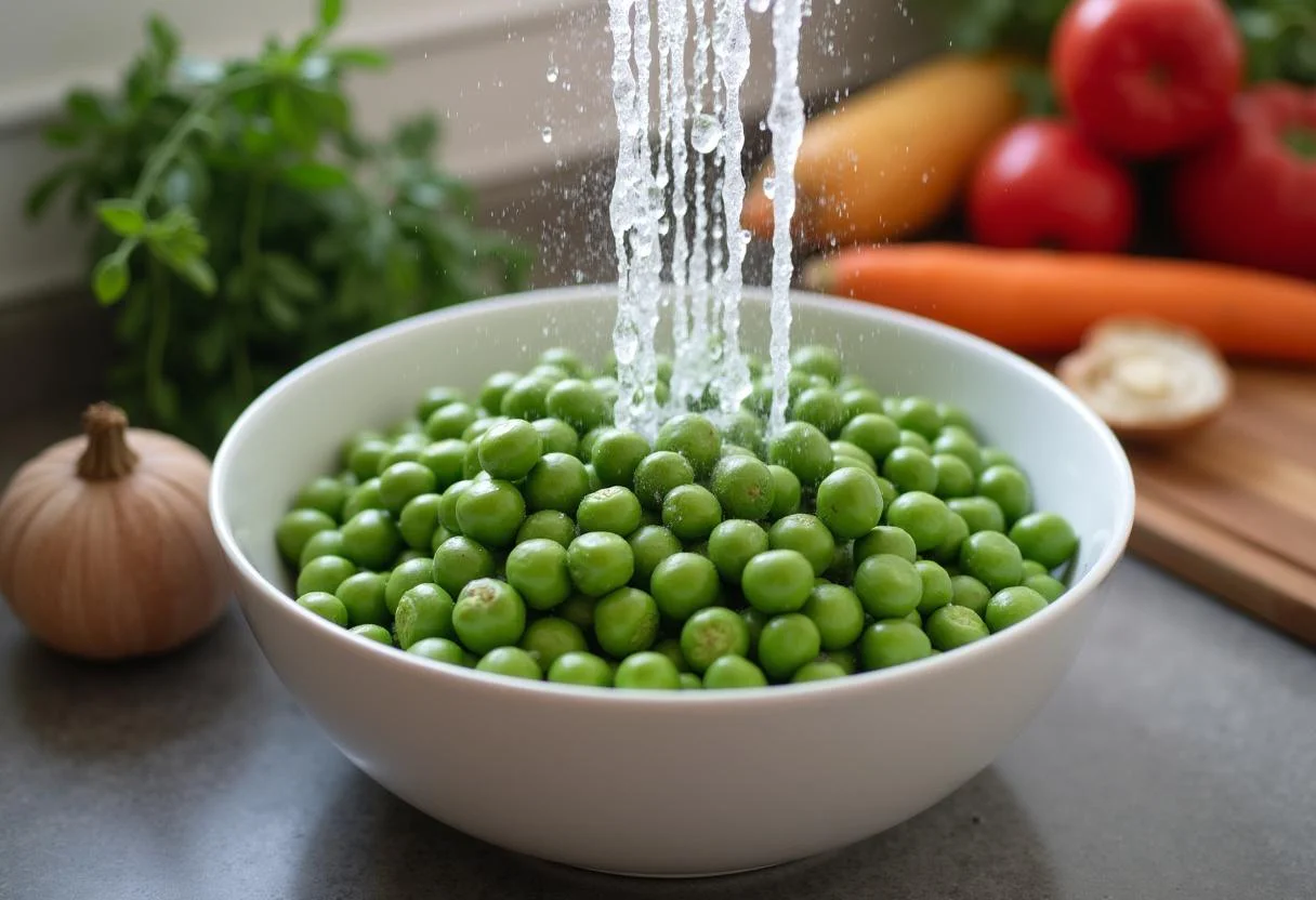 Bocaux remplis de petits pois frais en train d'être rincés, illustrant la préparation d'une salade fraîcheur.