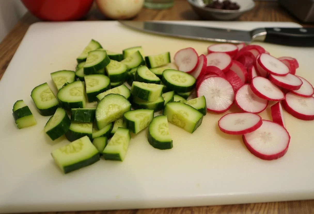 Concombres et radis coupés en dés sur une planche à découper, montrant les ingrédients essentiels pour la salade fraîcheur.