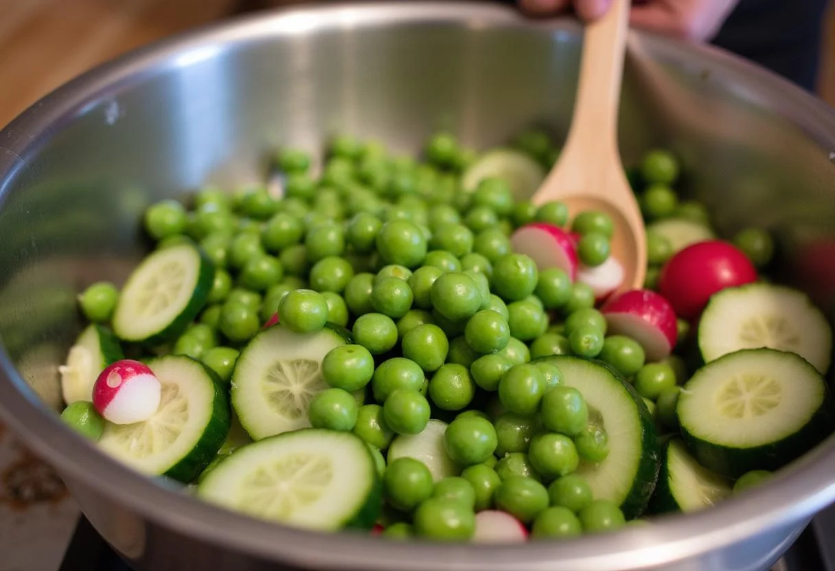 Un bol de mélange de petits pois, concombres et radis en train d'être mélangés, illustrant la préparation de la salade.