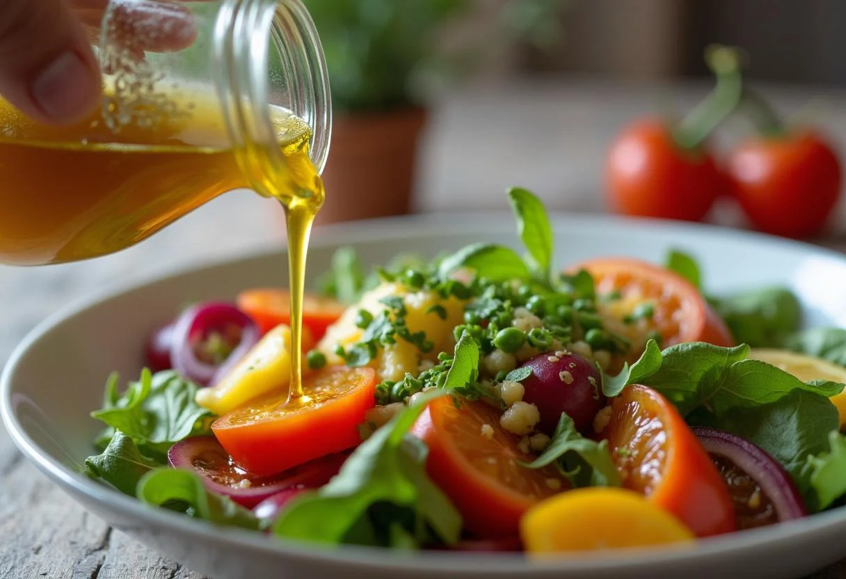 Une vinaigrette à base d'huile d'olive, de jus de citron et d'herbes en train d'être versée sur la salade fraîcheur.