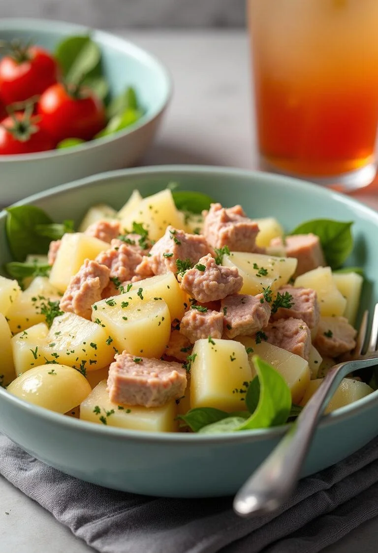 Salade pommes de terre thon délicieuse prête à être servie avec des œufs durs et une boisson rafraîchissante.