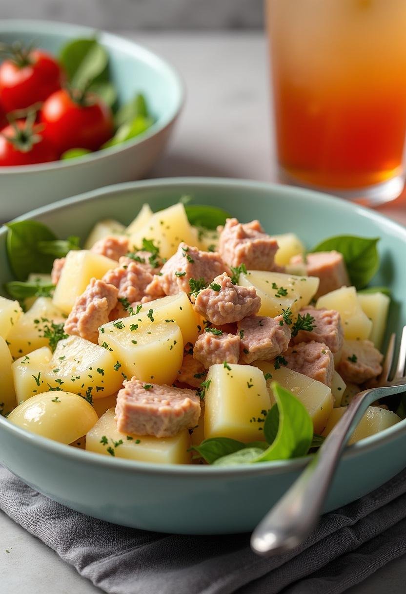 Salade pommes de terre thon délicieuse prête à être servie avec des œufs durs et une boisson rafraîchissante.