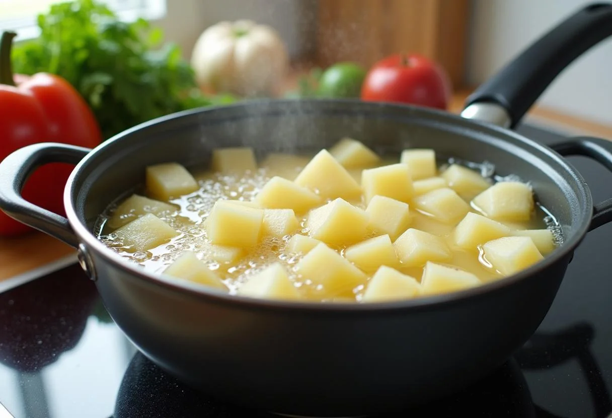 Potatoes bouillies pour la salade pommes de terre thon dans une cuisine accueillante.