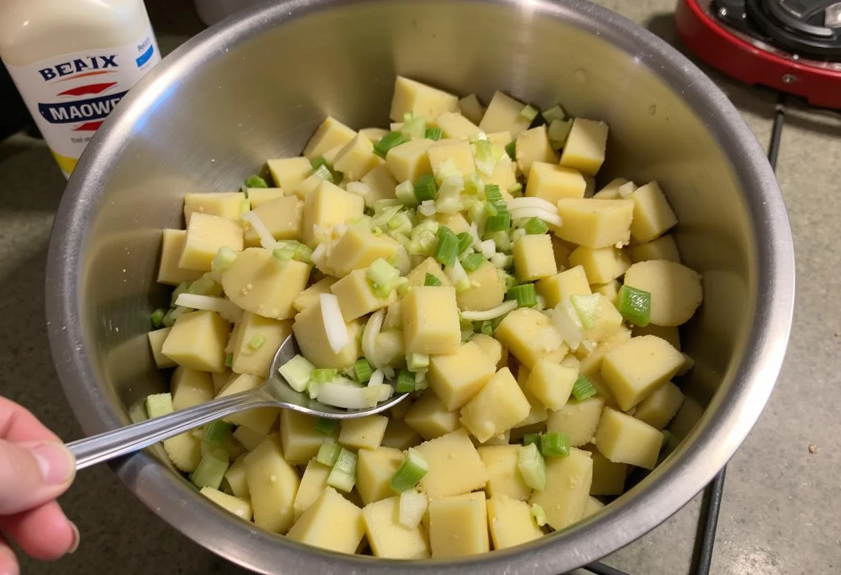 Mélange de pommes de terre, oignons, céleri et cornichons pour la salade pommes de terre thon.