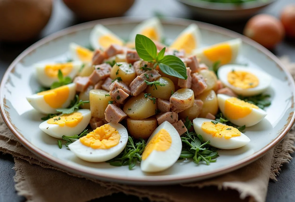 Salade de pommes de terre thon finie, présentée avec des œufs durs et des herbes fraîches.