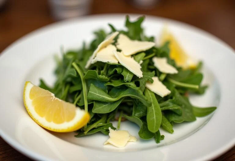 Salade roquette parmesan joliment présentée sur une assiette blanche, avec des copeaux de parmesan et un quartier de citron.