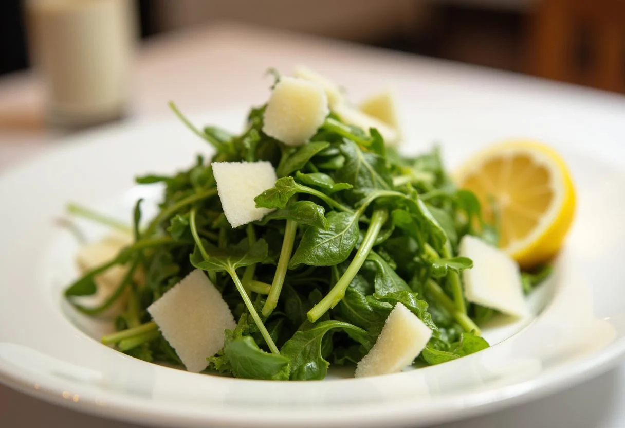 Salade roquette parmesan joliment présentée sur une assiette blanche, avec des copeaux de parmesan et un quartier de citron.