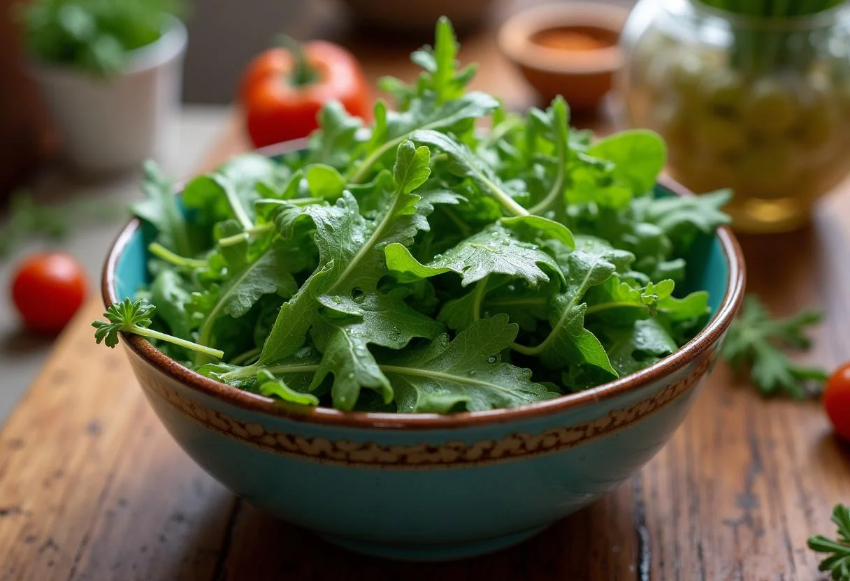 Bowl de salade roquette avec des feuilles fraîches et brillantes sur une table en bois.