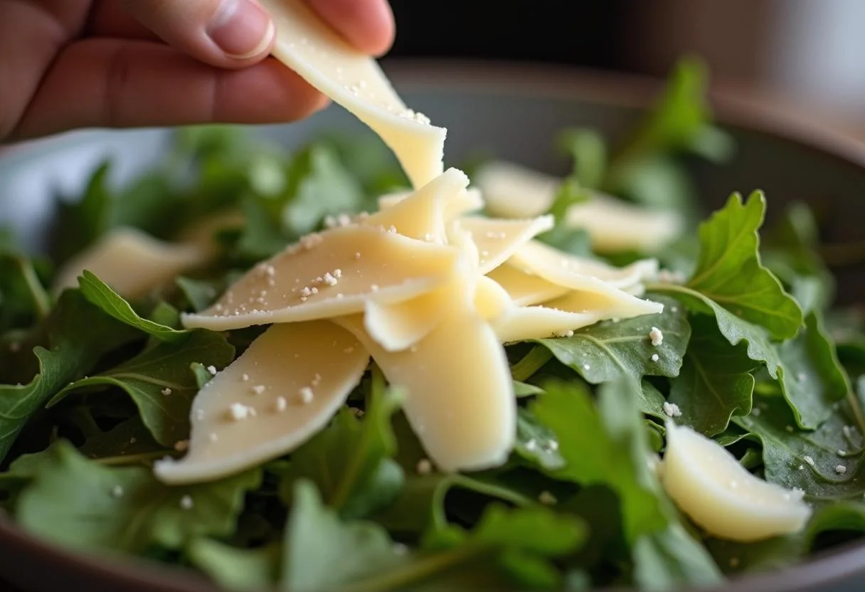 Parmesan frais et finement râpé ajouté à la salade roquette, mettant en valeur la texture de la salade.