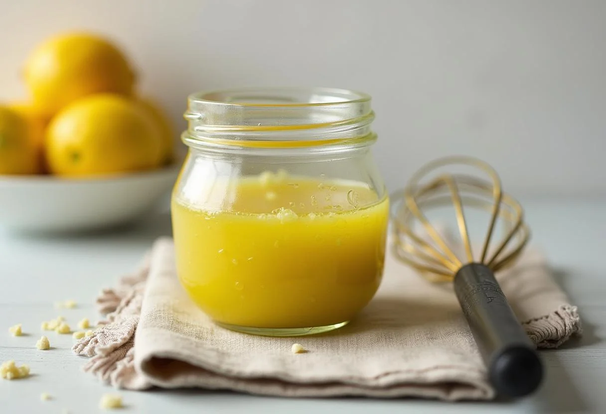 Vinaigrette au citron faite maison dans un bocal en verre, prête à être ajoutée à la roquette salade.