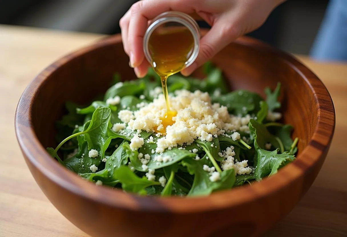 Salade roquette mélangée avec du parmesan et de la vinaigrette dans un grand bol en bois, montrant les couleurs éclatantes.