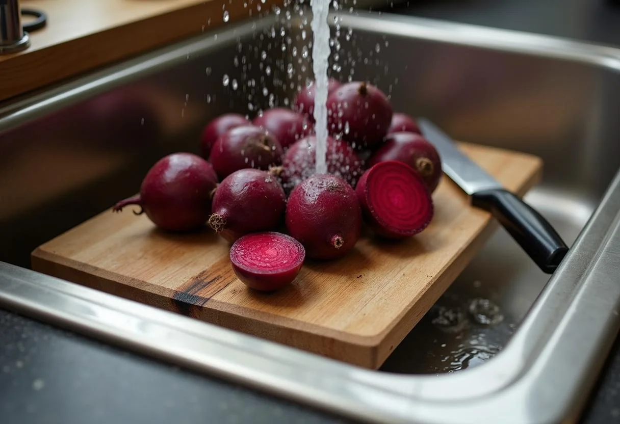 Rinsing fresh beets in preparation for Fresh Beet Salad.