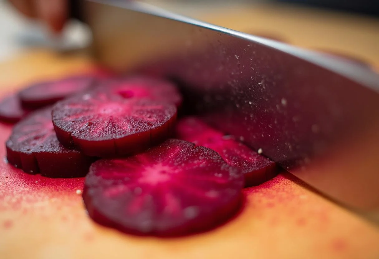 Slicing fresh beets for a colorful Fresh Beet Salad.