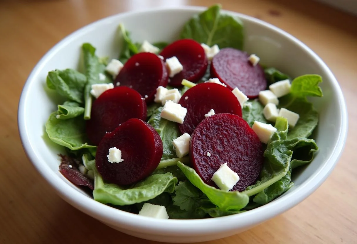 Preparing a Fresh Beet Salad with salad greens and feta cheese.