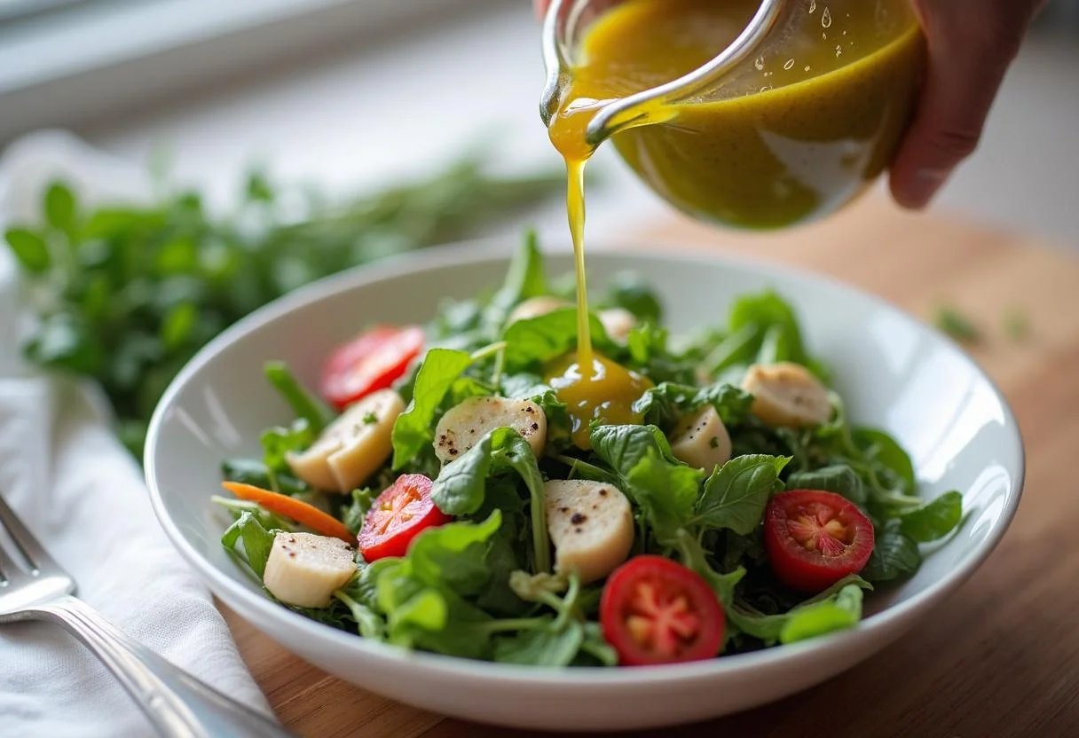 Drizzling vinaigrette over the Fresh Beet Salad to enhance flavor.