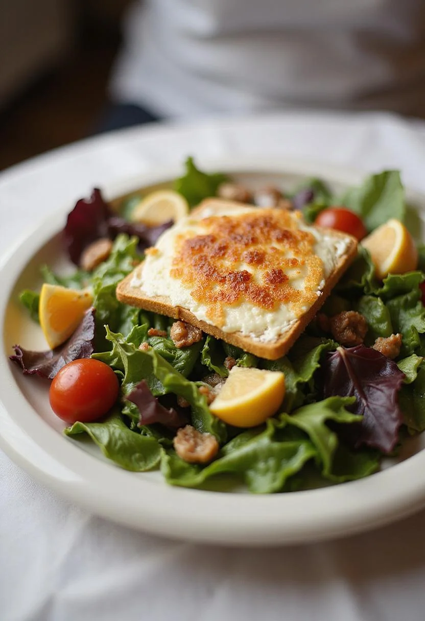 Gourmet Salade de Chèvre Chaud with crispy goat cheese and fresh salad ingredients, perfect for dining.