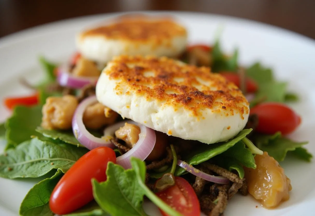 Salade de Chèvre Chaud gastronomique avec du fromage de chèvre croustillant et des ingrédients de salade frais, parfaite pour dîner.