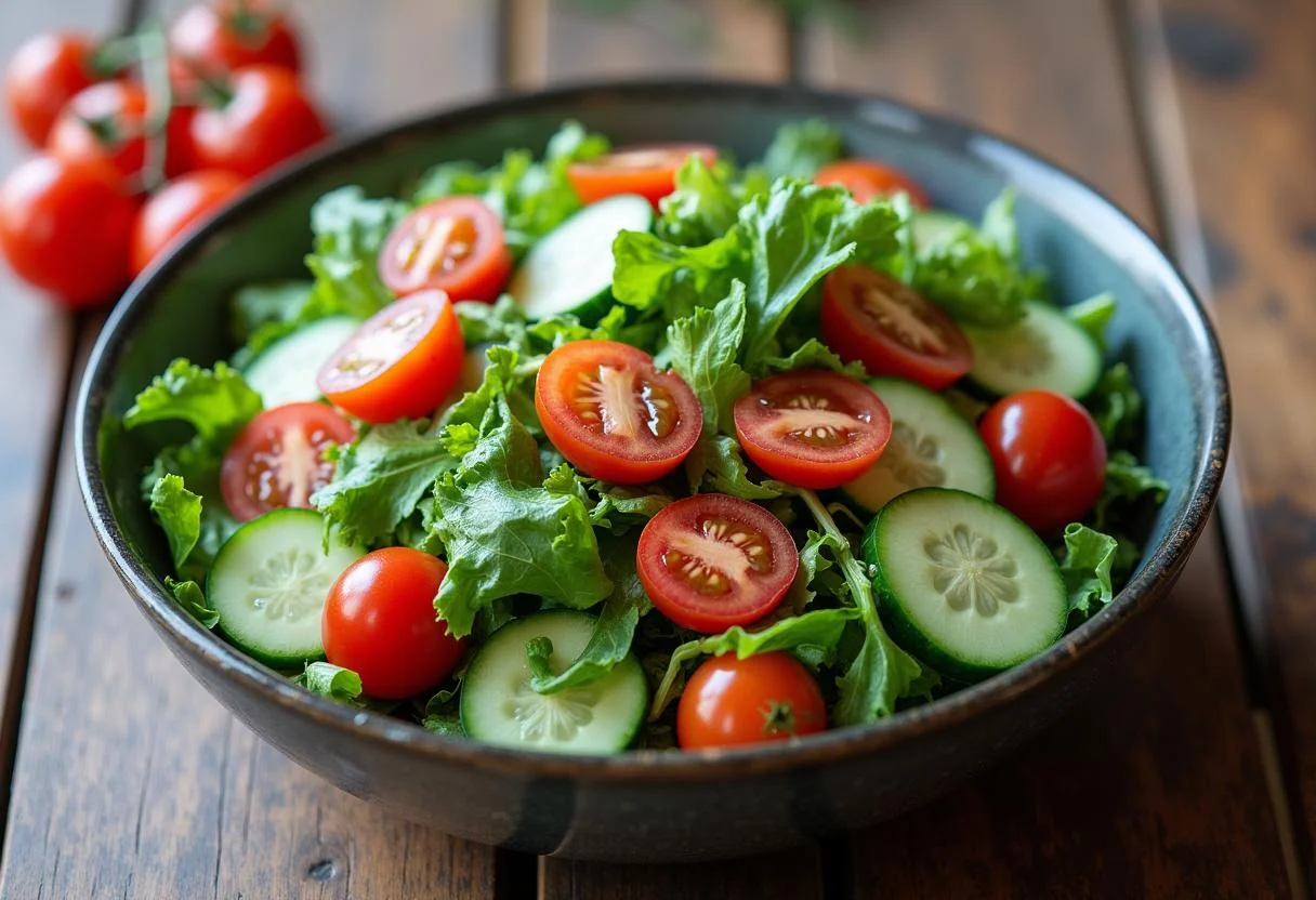 Salade de Chèvre Chaud avec des légumes verts frais, des tomates cerises et des concombres préparés pour la vinaigrette.