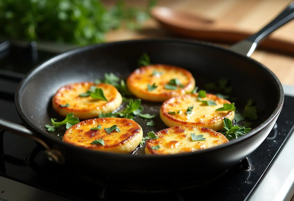 Frire les rondelles de fromage de chèvre jusqu'à ce qu'elles soient dorées pour la Salade de Chèvre Chaud.