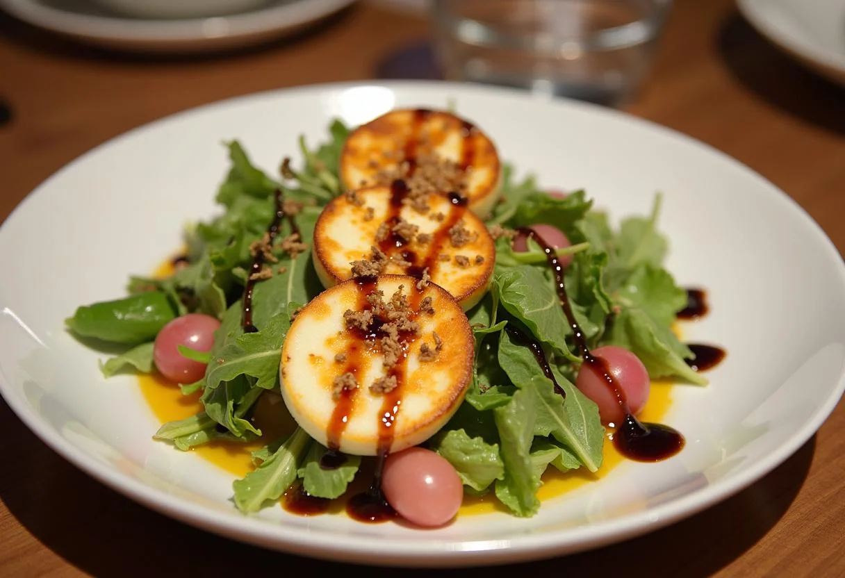 Salade de Chèvre Chaud dressée avec du fromage de chèvre croustillant et une réduction balsamique prête à être servie.