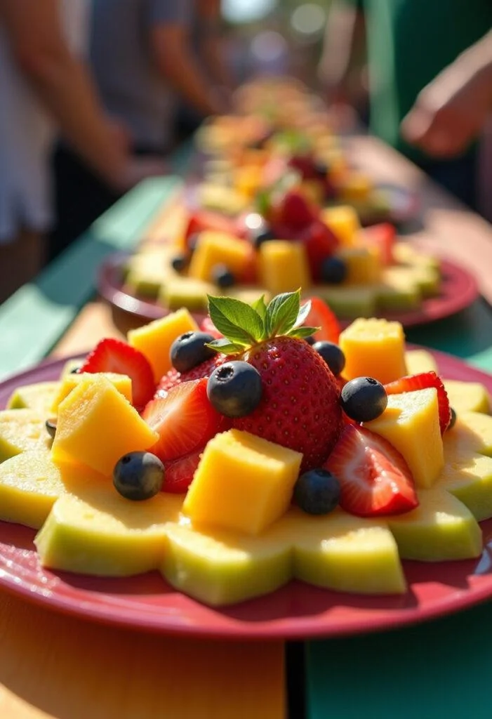 Présentoir lumineux et attrayant de la salade de fruits exotiques finie, mettant en valeur les couleurs vives et la fraîcheur des fruits tropicaux, sur une table colorée.