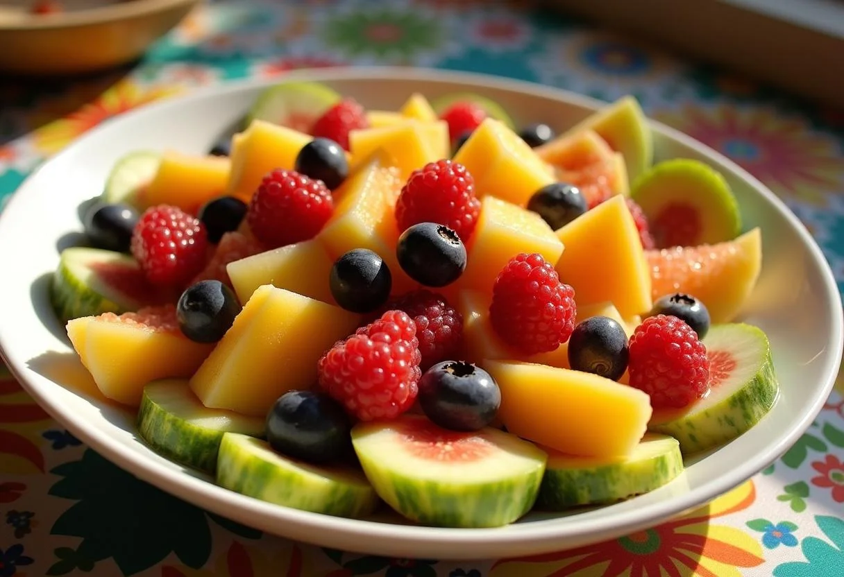 Présentoir lumineux et attrayant de la salade de fruits exotiques finie, mettant en valeur les couleurs vives et la fraîcheur des fruits tropicaux, sur une table colorée.