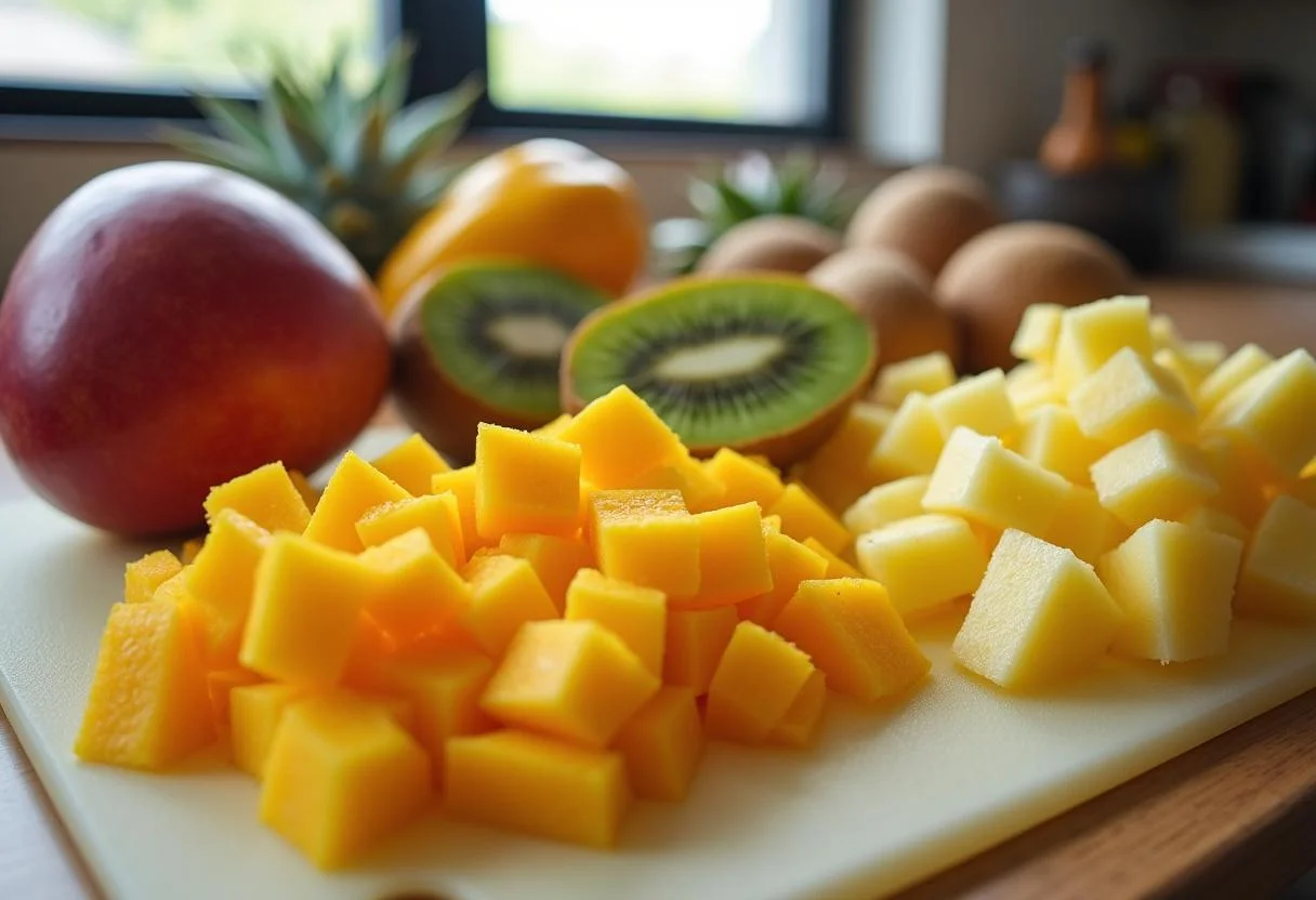 Préparation d'une salade de fruits exotiques avec des mangues, ananas et kiwis frais sur une planche à découper, ensemble coloré dans une cuisine lumineuse.