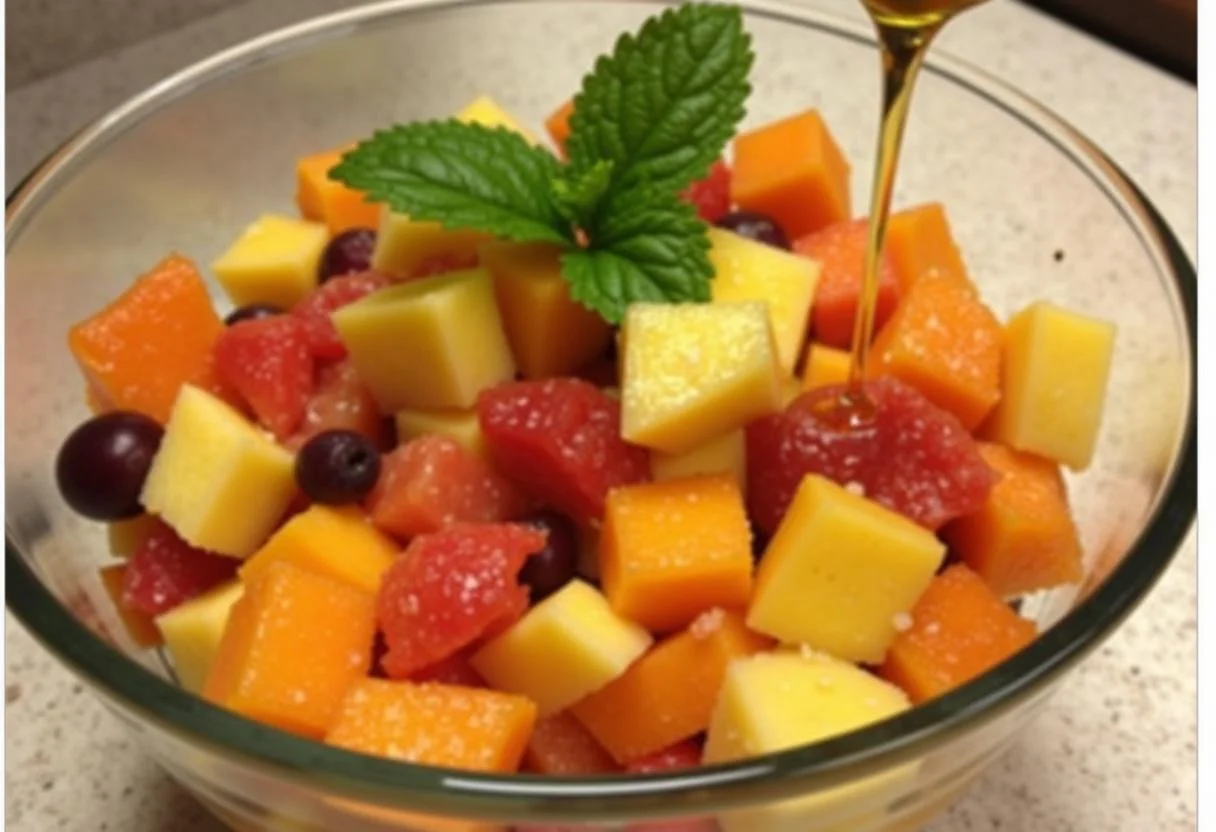 Mélange de fruits exotiques coupés en dés dans un grand bol en verre, agrémenté de menthe et d'un filet de jus de citron vert et miel pour une salade rafraîchissante.