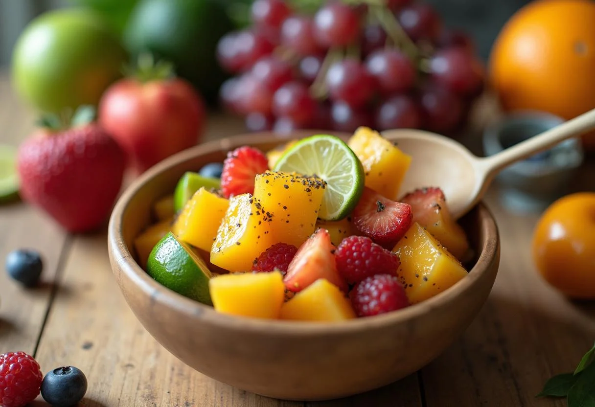 Vue rapprochée d'une salade de fruits exotiques en train d'être mélangée, démontrant la fraîcheur des ingrédients et l'harmonie des saveurs.