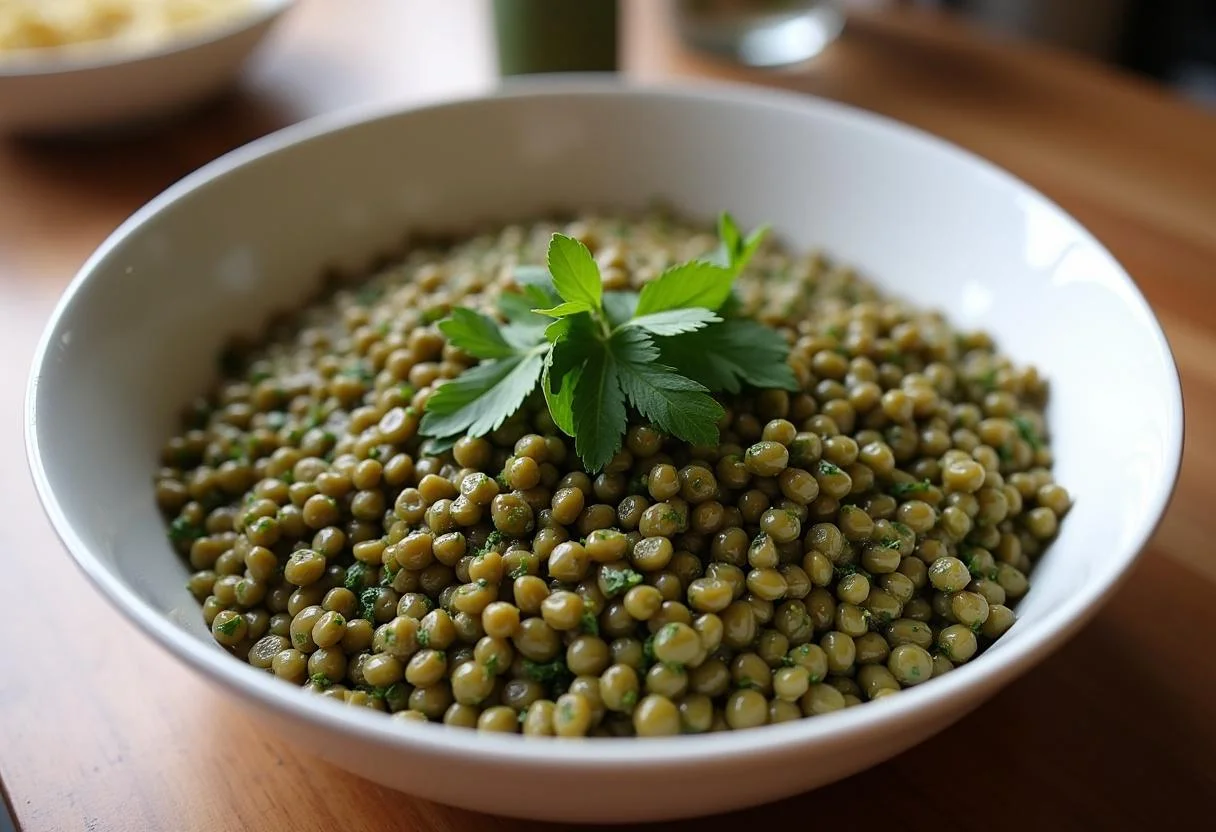Bowl of cooked green lentils with fresh herbs for Salade de Lentilles Vinaigrée preparation.